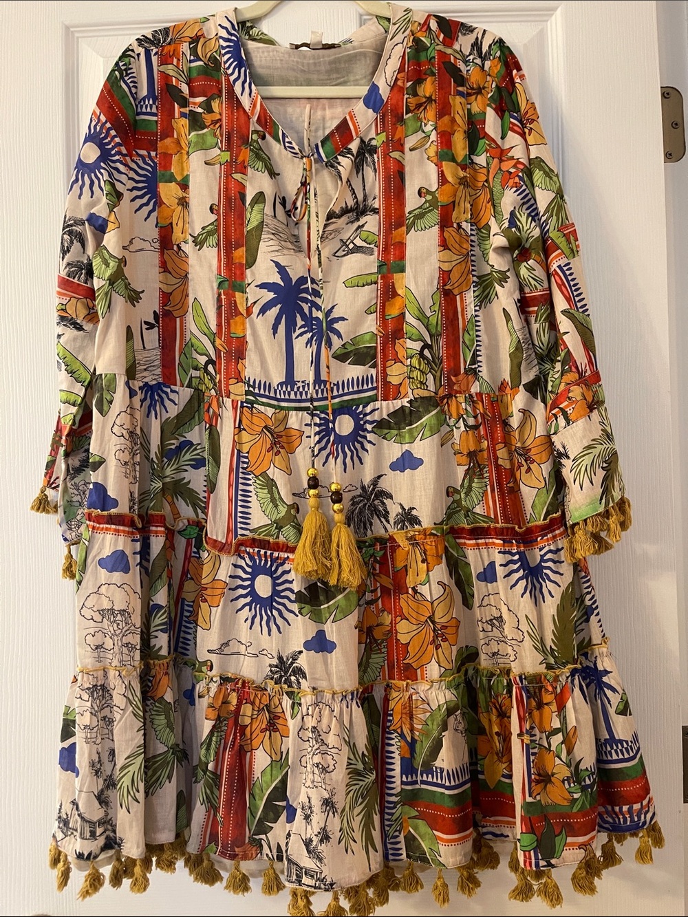 Tassel-Trim Floral Tiered Maxi Dress in Multi-Color